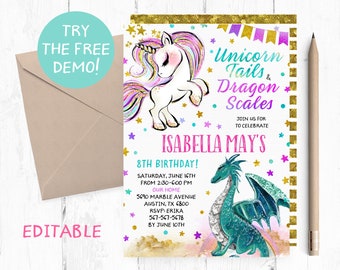 Unicorn and Dragon Birthday Invitation, Editable Template (5x7 in, PDF)