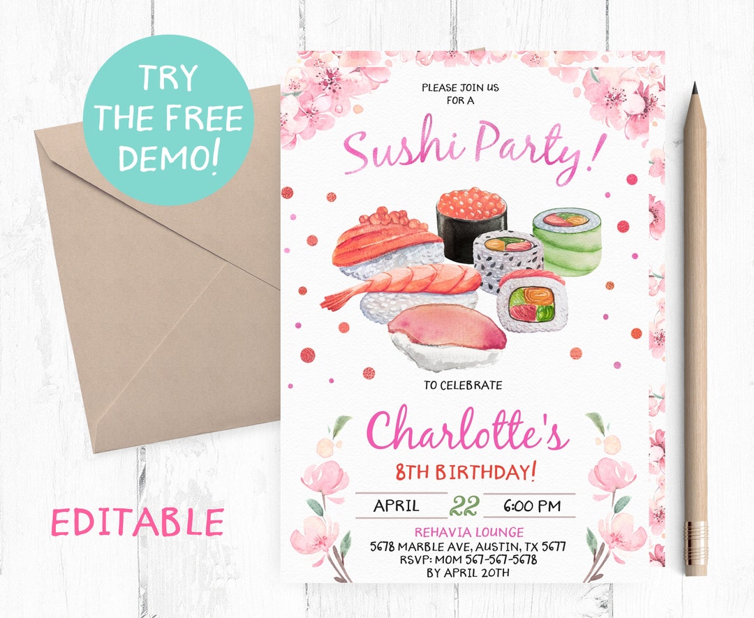 Editable Sushi Party Invitation, Sushi Birthday Party, Sushi Invite