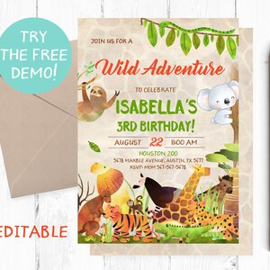 Editable Safari Invitation, Girl Safari Birthday Party, Safari Animals Invitation, Zoo Editable Invitation, Safari Invitation Template,
