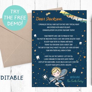 May include: A navy blue Tooth Fairy letter with gold stars and a cartoon fairy illustration. The letter includes the text "Dear Jackson" and a message about losing a baby tooth. A pencil and envelope are also in the image.