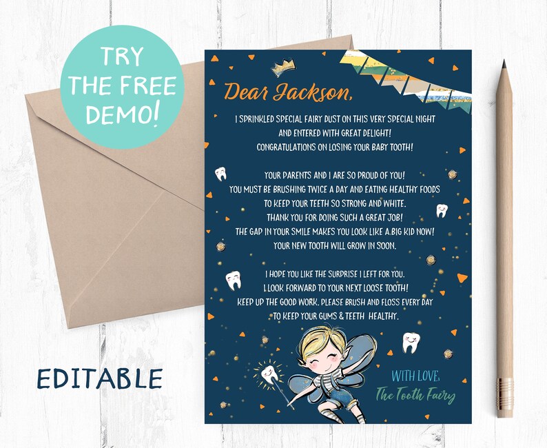 May include: A navy blue Tooth Fairy letter with gold stars and a cartoon fairy illustration. The letter includes the text "Dear Jackson" and a message about losing a baby tooth. A pencil and envelope are also in the image.