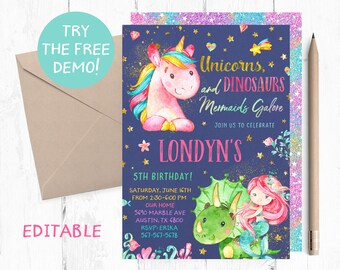Unicorn Mermaid and Dinosaur Invitation, Unicorns Mermaids Dinosaurs Invitations, Unicorns Dinosaurs Mermaid Birthday Party Invites, Digital