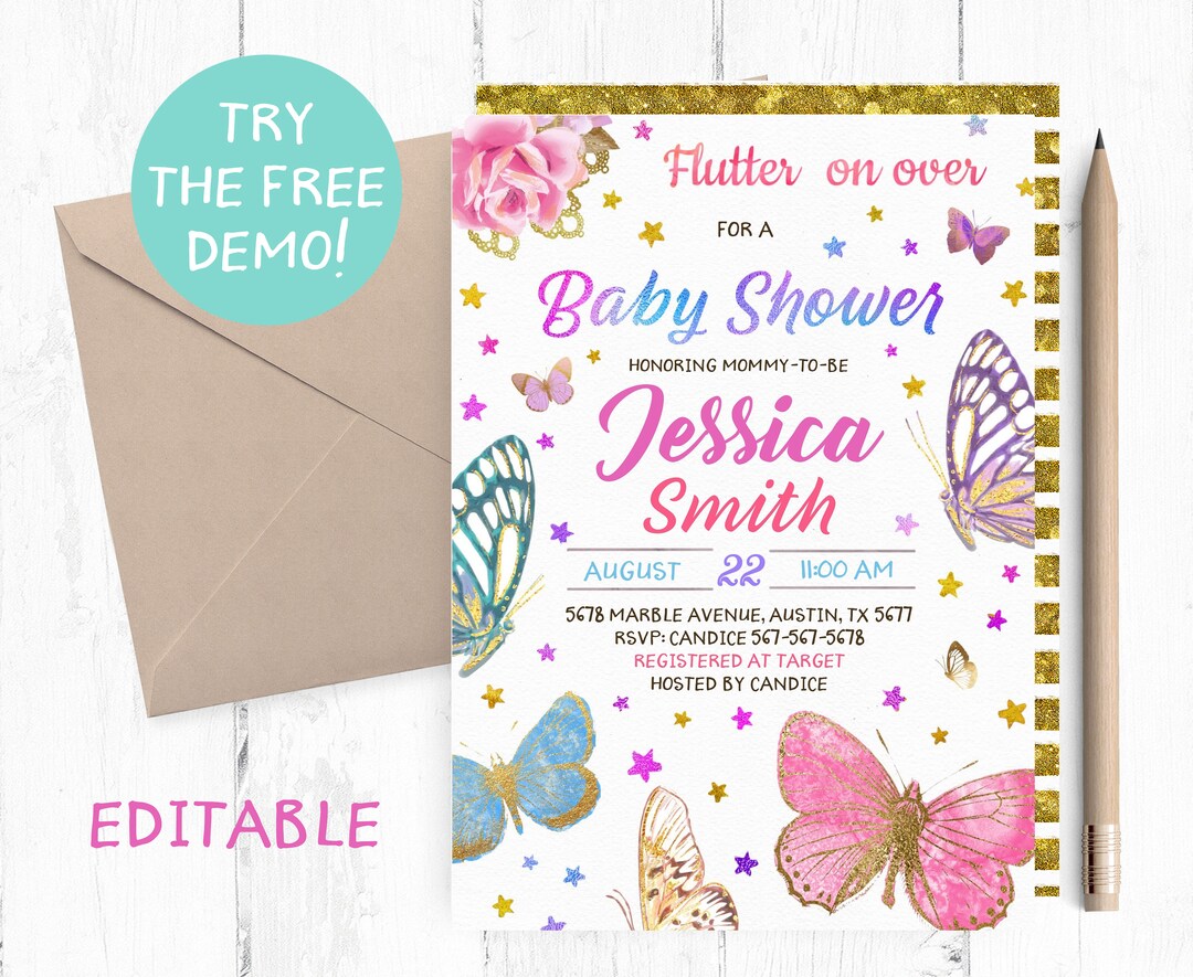 Editable Butterfly Baby Shower Invitation, Butterflies Baby Shower ...