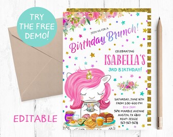 Unicorn Birthday Brunch Invitation Template, Editable 5x7 (PDF)