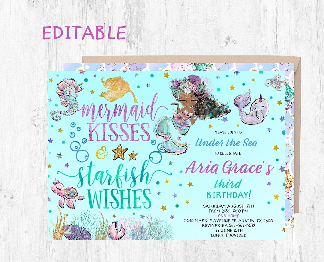 Editable Black Mermaid Birthday Invitation, Mermaid Kisses and Starfish ...