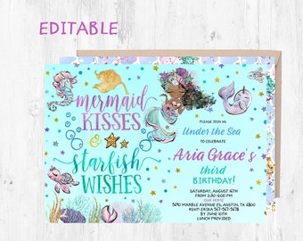 Editable Black Mermaid Birthday Invitation, Mermaid Kisses and Starfish Wishes, Black Mermaid Pool Party Invitation, Black Mermaid Instant,