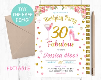 Floral Birthday Party Invitation, Customizable Template (5x7 inches)