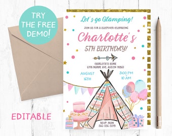 Teepee Birthday Invitation Instant Template, Teepee Invitation Editable Template, Glamping Birthday Party Template, Glamping Invitation,