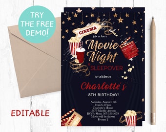 May include: A blue and gold movie night party invitation with a red and white popcorn bucket, a red and white cup, and a movie ticket. The invitation says "Join us for a Movie Night & Sleepover to celebrate Charlotte's 8th Birthday!"  Saturday, August 17th from 6-10 pm at Charlotte's Home, 5679 Marble Avenue. RSVP: Mom 567-556-5679. Movie will be shown Frozen 2.