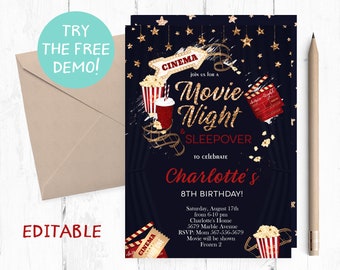 Editable Movie Night and Sleepover Invitation, Sleepover Movie Night Invitation Instant Download, Slumber Movie Night Invitation, Template,