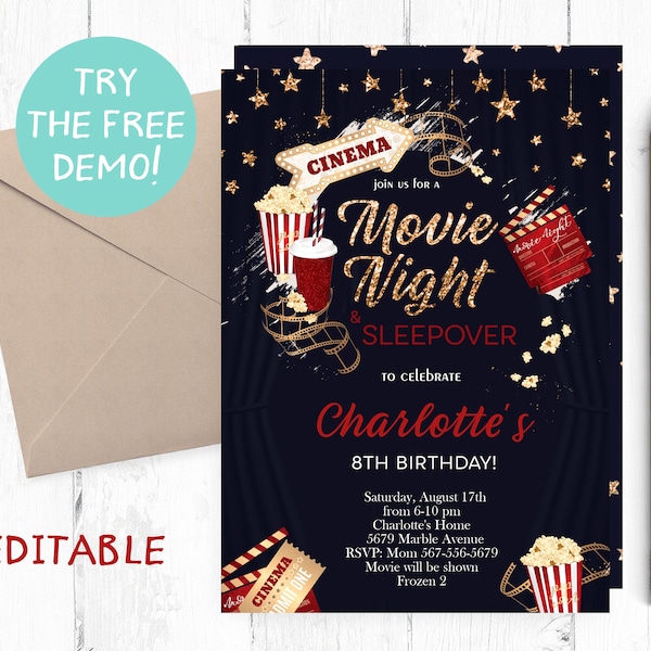 Editable Movie Night and Sleepover Invitation, Sleepover Movie Night Invitation Instant Download, Slumber Movie Night Invitation, Template,