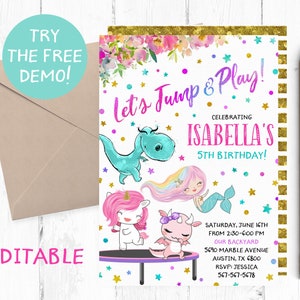 Editable Trampoline Template, Trampoline Editable Invitation, Mermaid Trampoline Party, Trampoline Birthday Party, Jumping Invitation, Jump