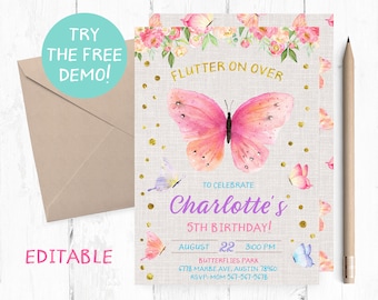 Butterfly Birthday Party Invitation, Garden Theme (5x7 inch, PDF)