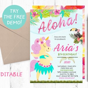 Editable Unicorn Aloha Invitation, Unicorn Luau Birthday Party Invitation, Unicorn Hawaiian Birthday Invitation, Luau Unicorn Template,