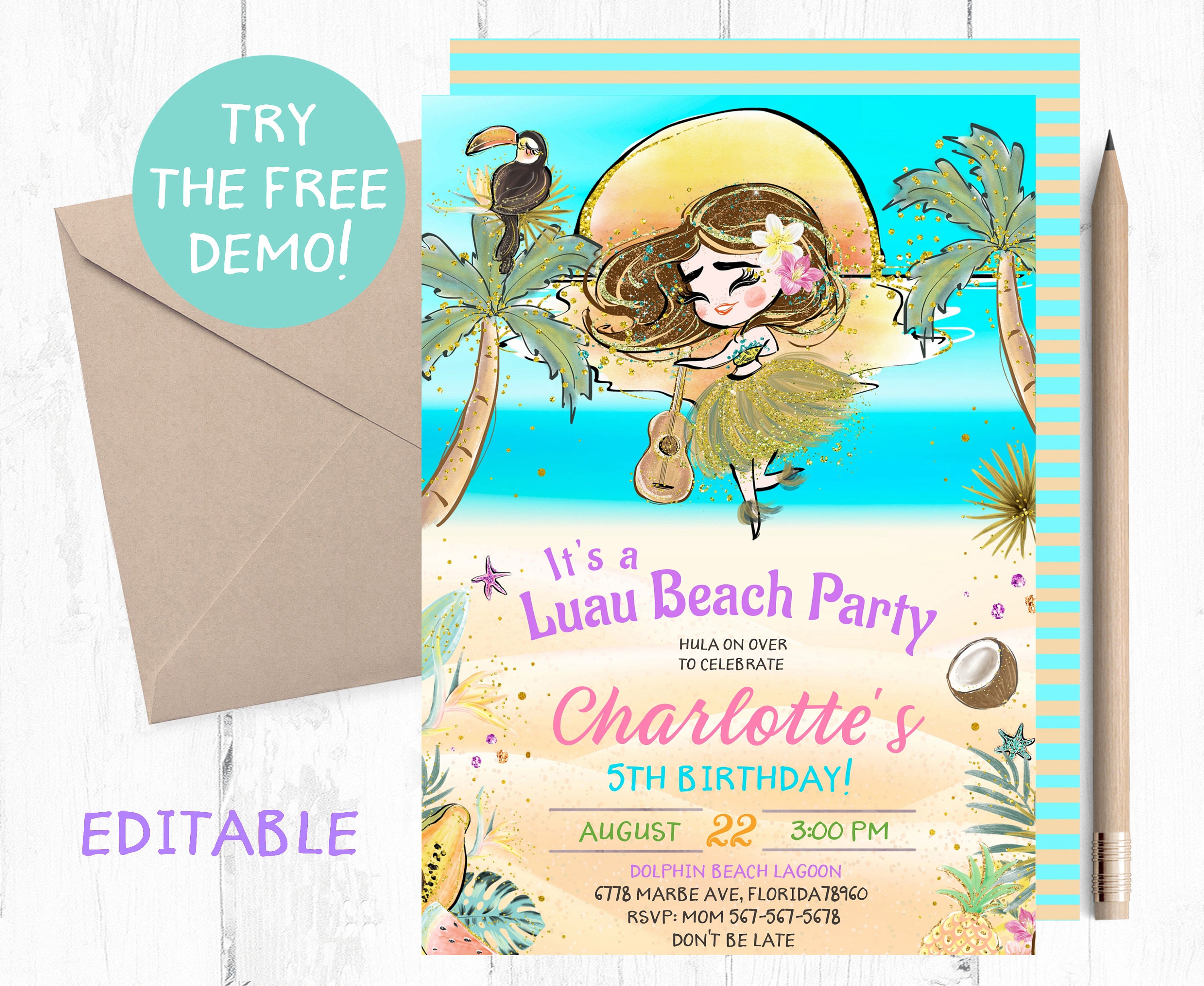 Editable Beach Luau Party Invitation Brunette Girl Beach Luau Template Beach Luau Party Instant Template Hawaiian Beach Party