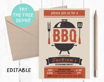 Editable BBQ Birthday Invitation, Grill Party (Digital Download)
