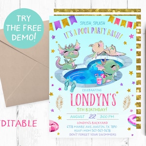 Invitación a la fiesta de dragones en la piscina, invitaciones a la fiesta de la piscina de dragones, invitaciones a la piscina de dragones, invitación a la piscina de dragones imprimible,