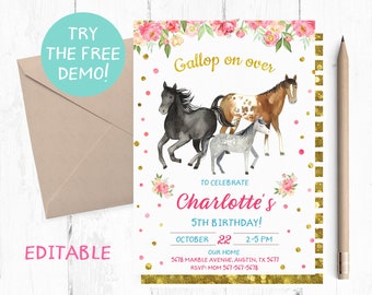 Editable Horse Birthday Invitation, Watercolor Floral (5x7 inches)