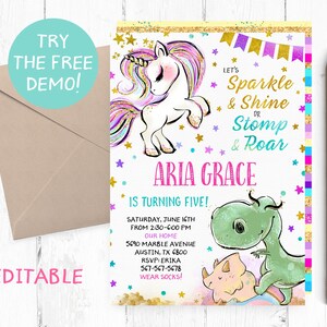 Editable Unicorn Dinosaur Invitation, Unicorn Dinosaur Invitation Instant Download, Unicorn Dinosaur Editable Template, Joint Unicorn Party