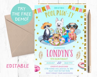 Op de afbeelding: Een blauwe en roze zwembadfeestuitnodiging met een cartoonillustratie van vier honden in een zwembad. De tekst luidt "Join us for a Pool Paw-ty celebrating Londyn's 5th Birthday!" met de datum en tijd van het feest.