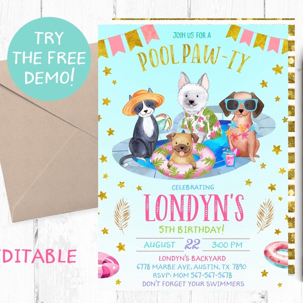 Pool Paw-Ty Uitnodiging, Pool Puppy Verjaardagsfeest, Pool Puppy Instant Invitation, Pool Puppy Bewerkbare Uitnodiging, Puppy Bewerkbare Sjabloon.