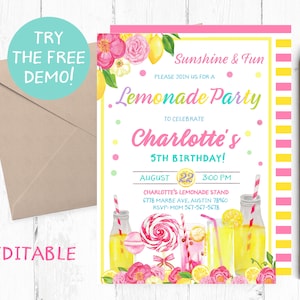Pink Lemonade Party, Lemonade Birthday Invitation, Lemonade Party, Lemonade Invitations, Lemonade Invites, Lemonade Stand shop, Invite