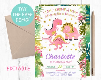 Editable Dinosaur Girl Invitation, Party Like a Dinosaur Invitation, Girl Dinosaur Editable Template, Dinosaurs Party Invite, Instant,