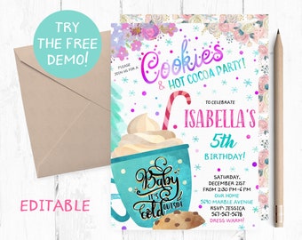 Cookies and Hot Cocoa Birthday Invitation, Editable Template (5x7 inches)