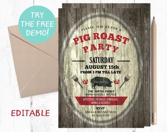 Rustic Pig Roast Party Invitation (5x7 inch, PDF)