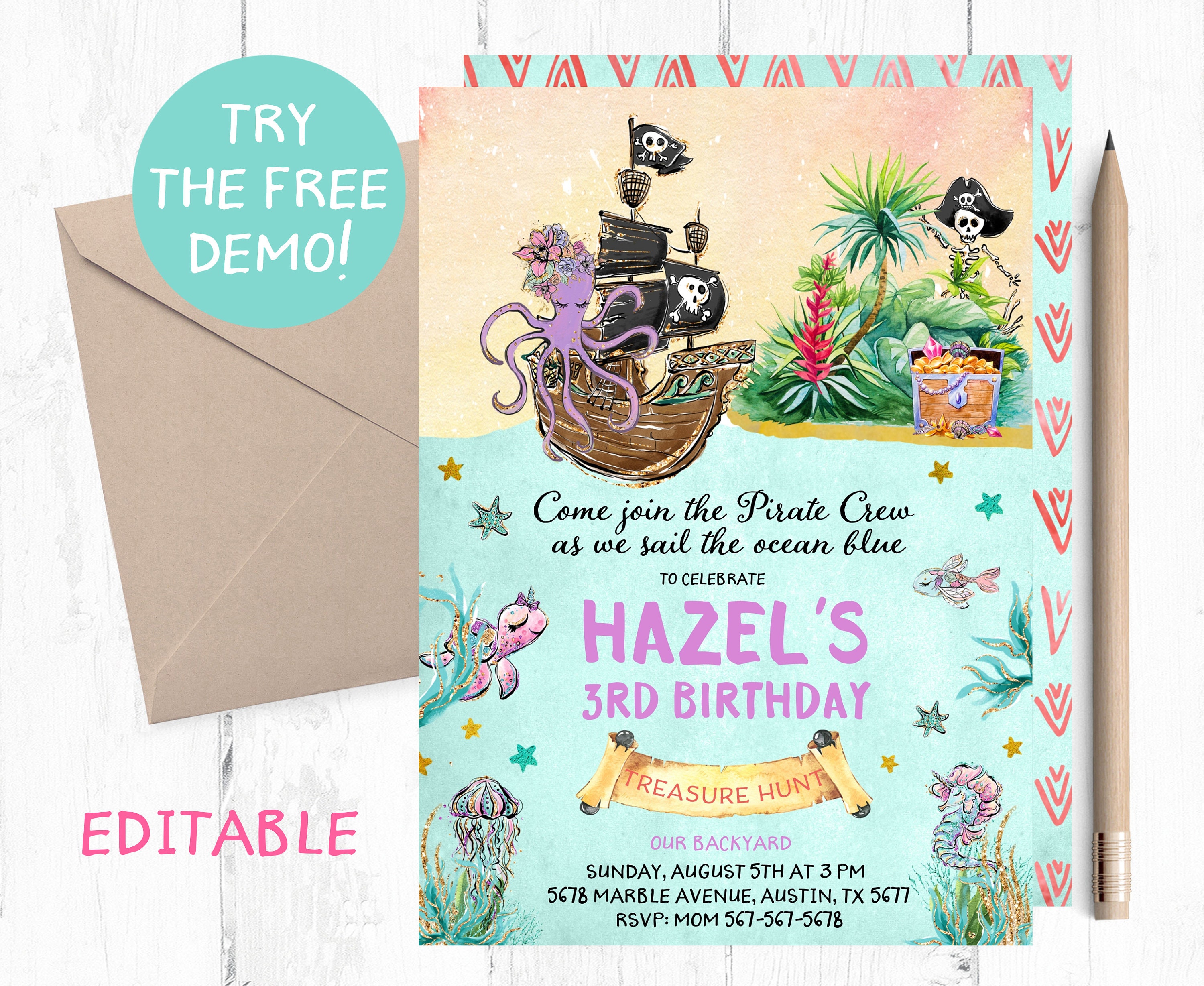 Pirate Birthday Party Invitation Girl, Treasure Hunt (editable, 5x7 Inches)  - Etsy, image size:3000x2457