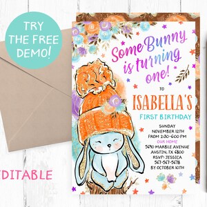 Editable Fall Bunny Invitation, Some Bunny is One Invitation, Some Bunny Fall Invitation, Bunny Fall Birthday Party, Bunny Instant Download,