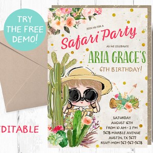 Safari Invitations Girl, Safari Birthday Party, Safari Invitation Printable, Safari Invites, Safari Digital Invite, Safari Downloadable,