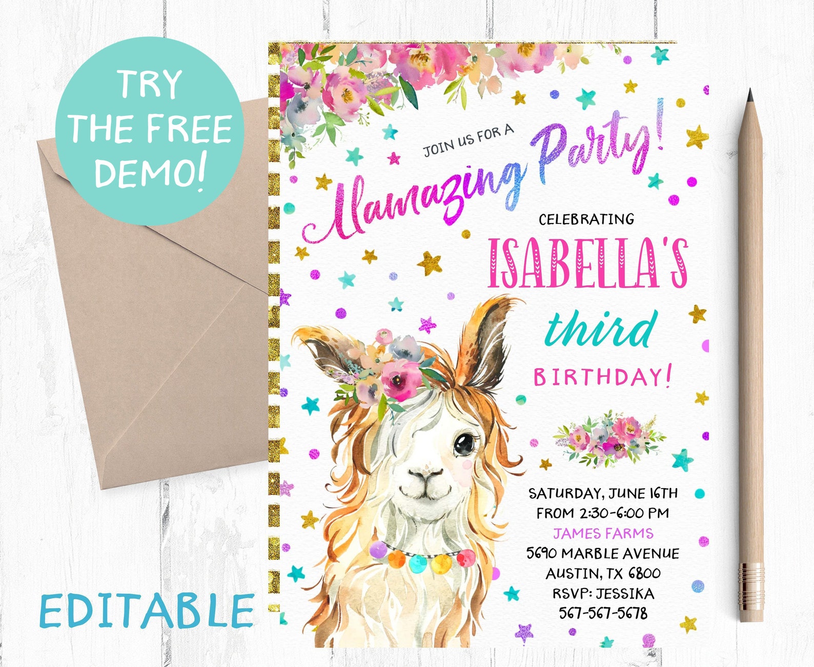 Editable Llama Invitation Llama Invitation Template Floral | Etsy