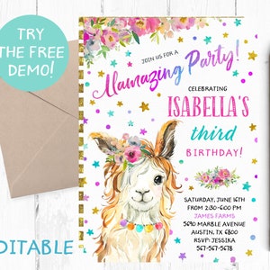 Editable Llama Invitation, Llama Invitation Template, Floral Llama ...