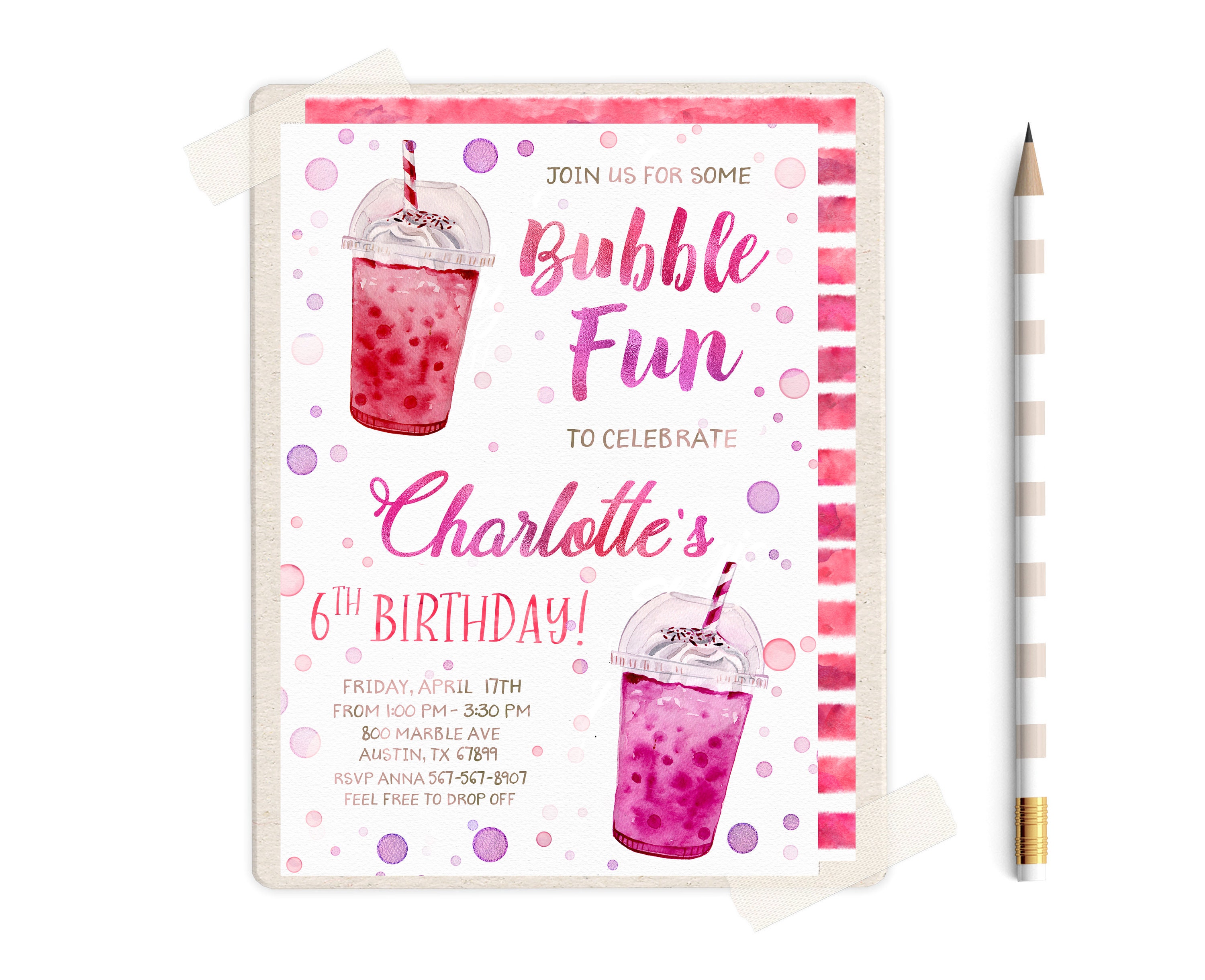 Bubble Tea Invitations Bubble Tea Birthday Party Bubble Etsy