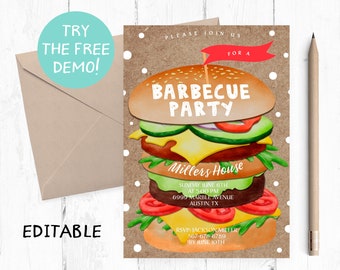 Editable BBQ Burger Party Invitation, Burger Barbecue Party Invites, BBQ Burger Template, BBQ Party Instant Download, Bbq Template, Texting,