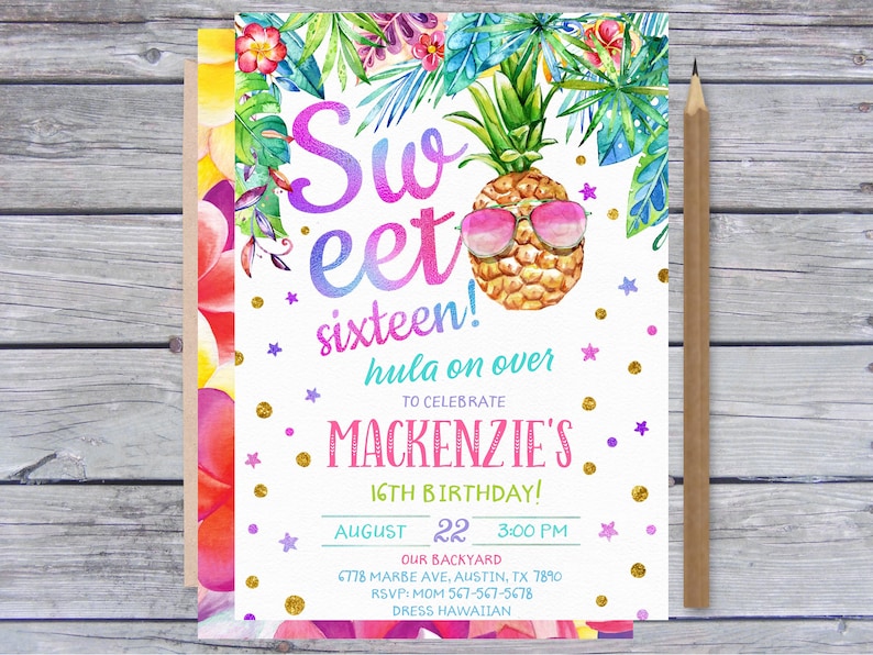 Editable Aloha Sweet 16 Invitation Luau Sweet 16 Invitation Etsy