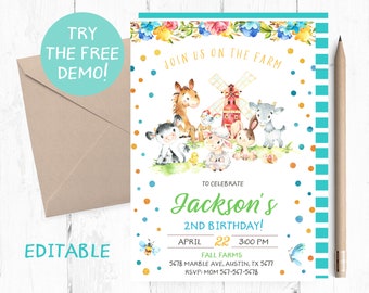 Farm Animals Birthday Invitation, Editable Template (5x7 inches)