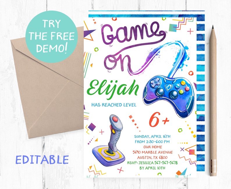 Pode incluir: Um convite em estilo aquarela com as palavras "Game On" em roxo e azul. O convite inclui um gr&aacute;fico de controle de jogo azul, um joystick e o nome "Elijah". O texto tamb&eacute;m inclui detalhes do evento e as palavras "Try the Free Demo!" e "Editable".
