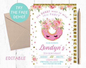 Doughnut Invitation, Donut Birthday Invitation, Donut Invitation, Donut Birthday Invitations, Donut Party Invitation, Donut Invites, Invite,