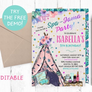 Editable Teepee Spa-Jama Birthday Party Invitation, Teepee Spajama Invitation, Teepee Sleepover Invitation, Teepee Spa Party Template,