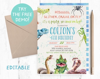 Reptil Einladung, Reptil Geburtstagseinladung, Reptil Geburtstagsparty, gruselige Crawly Geburtstag, Eidechse Einladungen, Reptilien lädt,