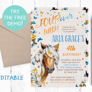 Editable FOURever Wild Invitation, FOURever Wild Horse Invitation, Horse 4th Birthday Party Invitation, FOURever Wild Birthday Party, Invite