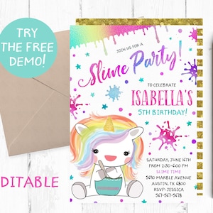 Editable Slime Invitation, Slime Editable Template, Unicorn Slime Party Instant Download, Making Slime Party Template, Slime Editable Invite