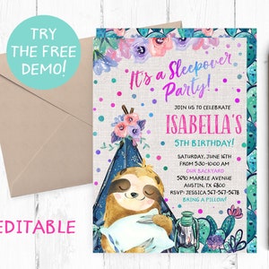 Editable Sloth Teepee Invitation, Sloth Sleepover Invitation, Teepee Sleepover Template, Teepee Slumber Party Invitation, Sloth Slumber,
