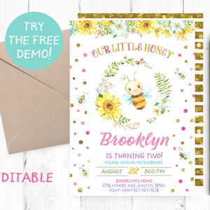 May include: A personalised invitation with a bee theme. The invitation features the text "Our Little Honey" and "Brooklyn is turning two!" with a watercolour illustration of a bee, sunflowers, and floral accents. Includes a kraft paper envelope.