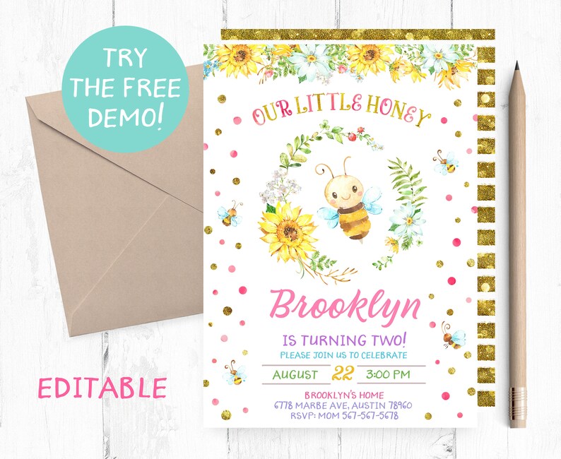 May include: A personalised invitation with a bee theme. The invitation features the text "Our Little Honey" and "Brooklyn is turning two!" with a watercolour illustration of a bee, sunflowers, and floral accents. Includes a kraft paper envelope.