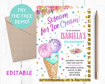 Editable Scream for Ice Cream Invitation, Scream For Ice Cream Template Invitations, Ice Cream Printable, Ice Cream Instant Download,