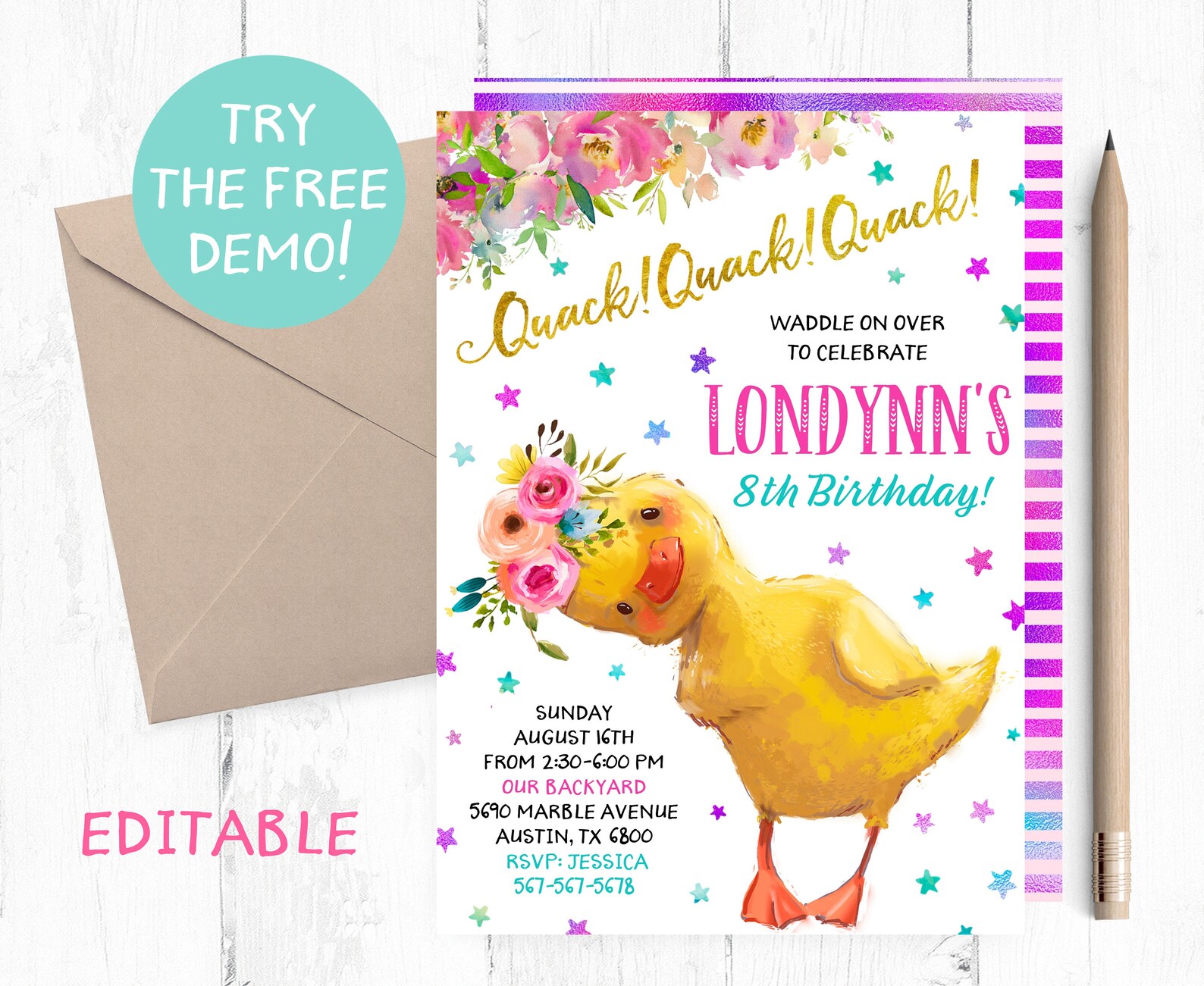 Duck Invitation Duckie Birthday Party Duck Spring Invites Etsy