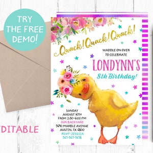 Duck Invitation, Duckie Birthday Party, Duck Spring Invites, Duck Printable Invite, Duck Party Digital, Spring Invitation Girl, Download,